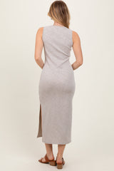 Beige Solid Ribbed Sleeveless Slit Maxi Dress