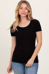 Black Solid Ribbed Short Sleeve Basic Top