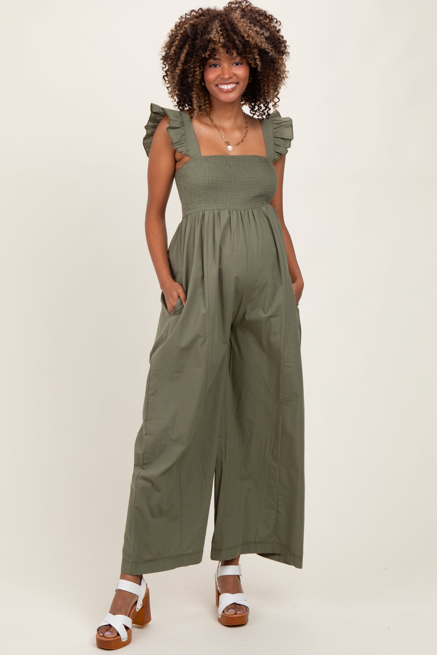 Olive Ruffle Strap Smocked Wide Leg Maternity Jumpsuit