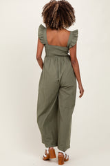 Olive Ruffle Strap Smocked Wide Leg Maternity Jumpsuit