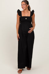 Black Ruffle Strap Smocked Wide Leg Maternity Jumpsuit