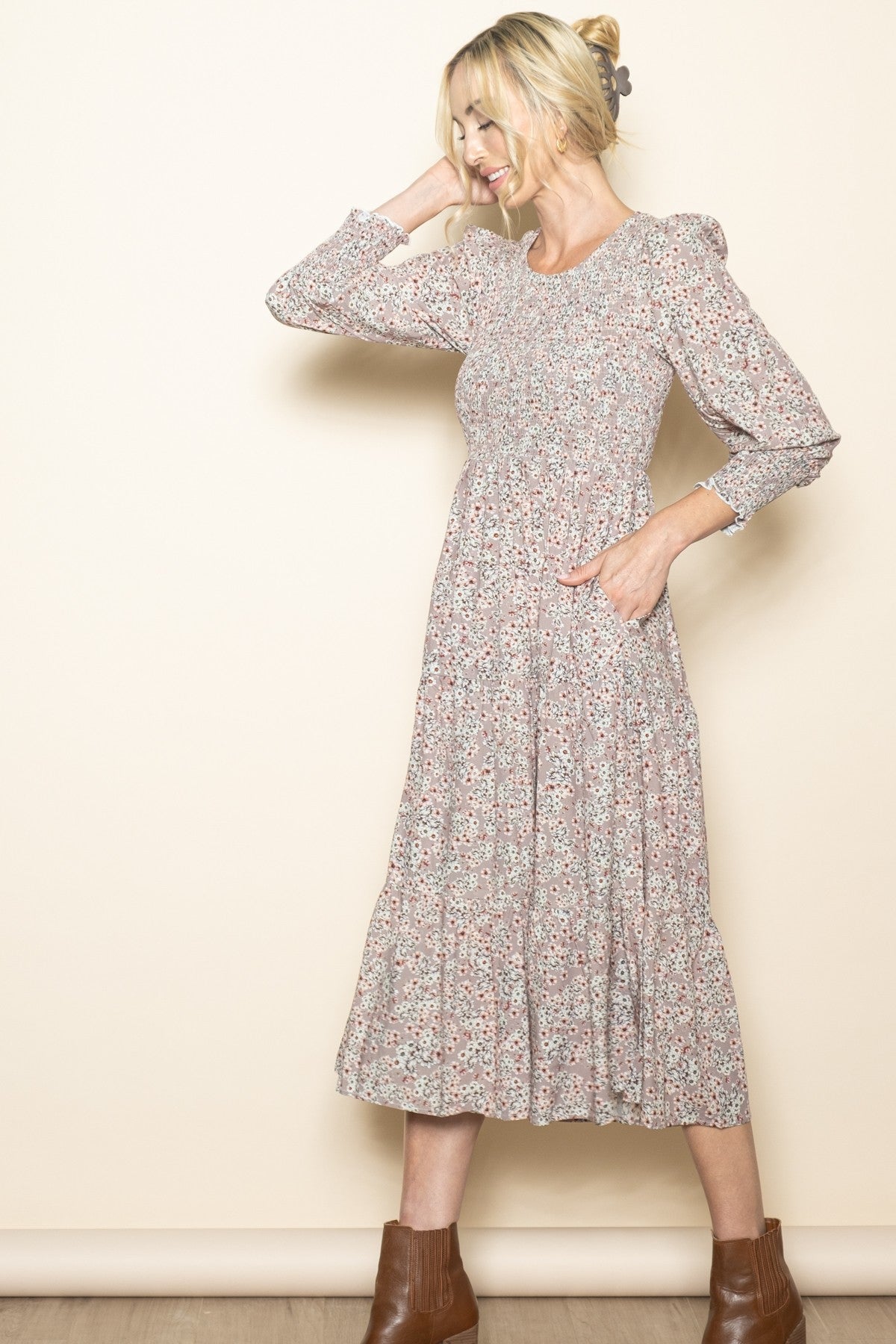 Taupe Floral Smocked Bubble Sleeve Midi Dress