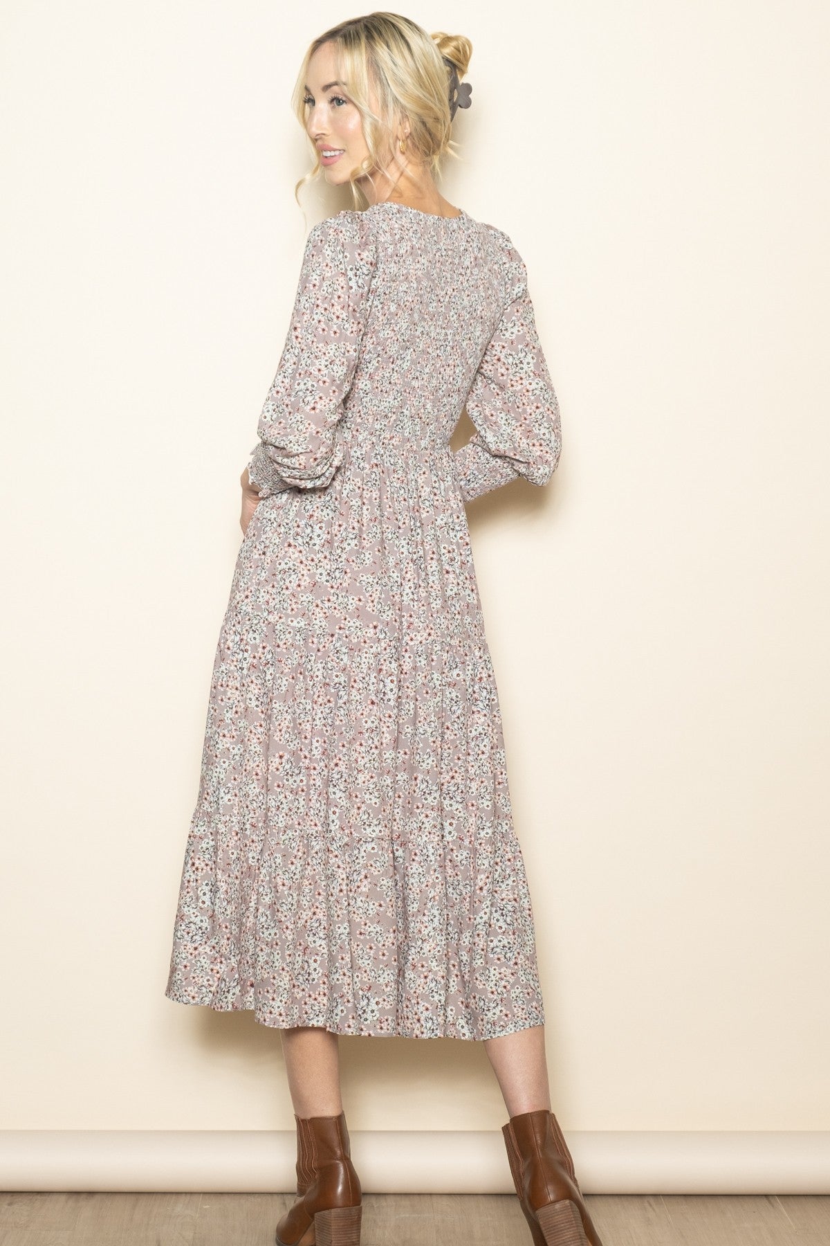 Taupe Floral Smocked Bubble Sleeve Midi Dress