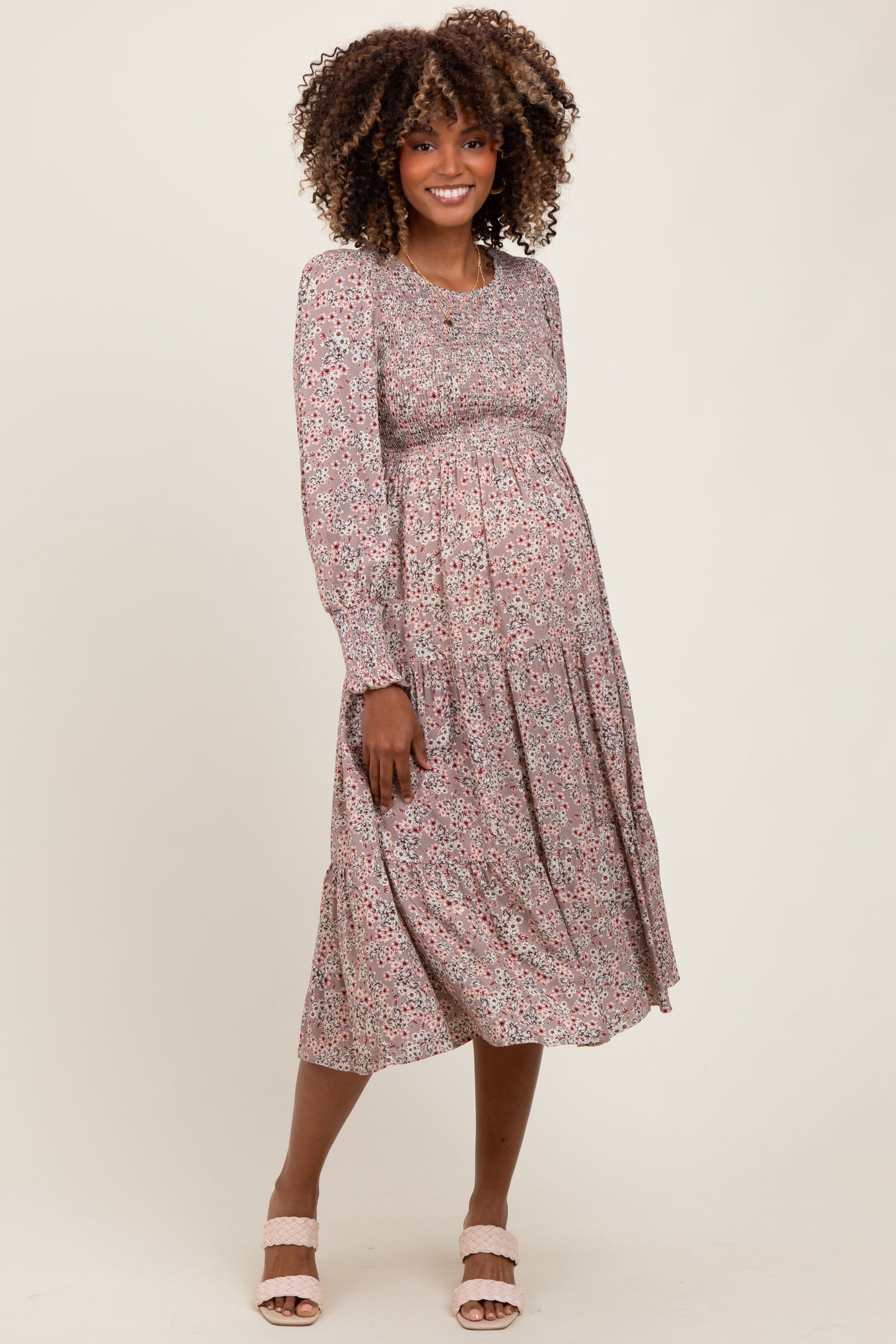 Taupe Floral Smocked Bubble Sleeve Maternity Midi Dress