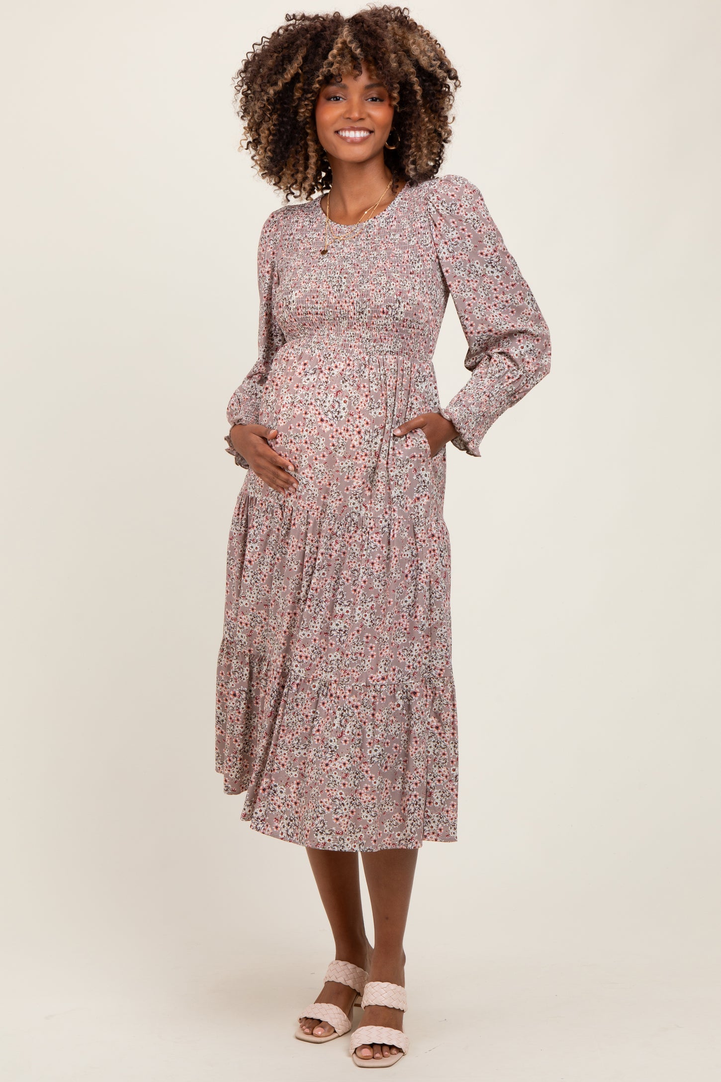Taupe Floral Smocked Bubble Sleeve Maternity Midi Dress