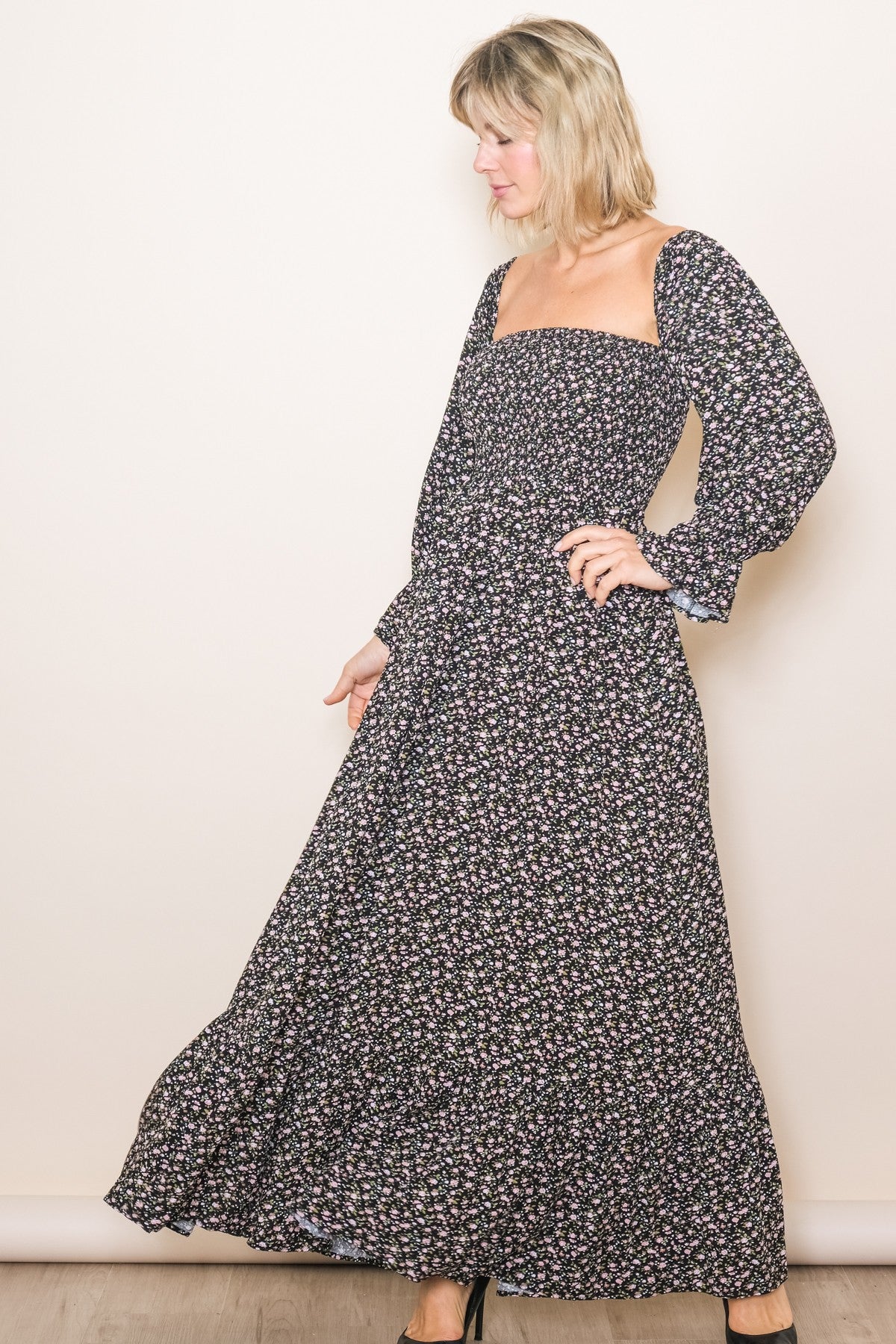 Black Floral Smocked Off Shoulder Maternity Maxi Dress