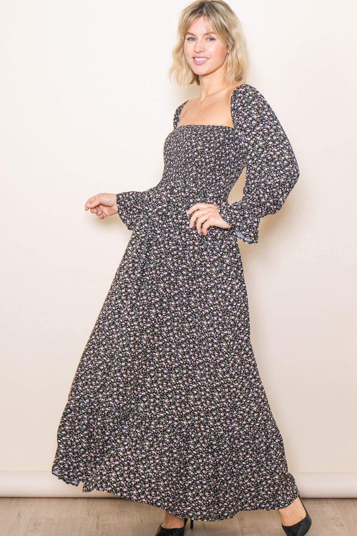 Black Floral Smocked Off Shoulder Maxi Dress