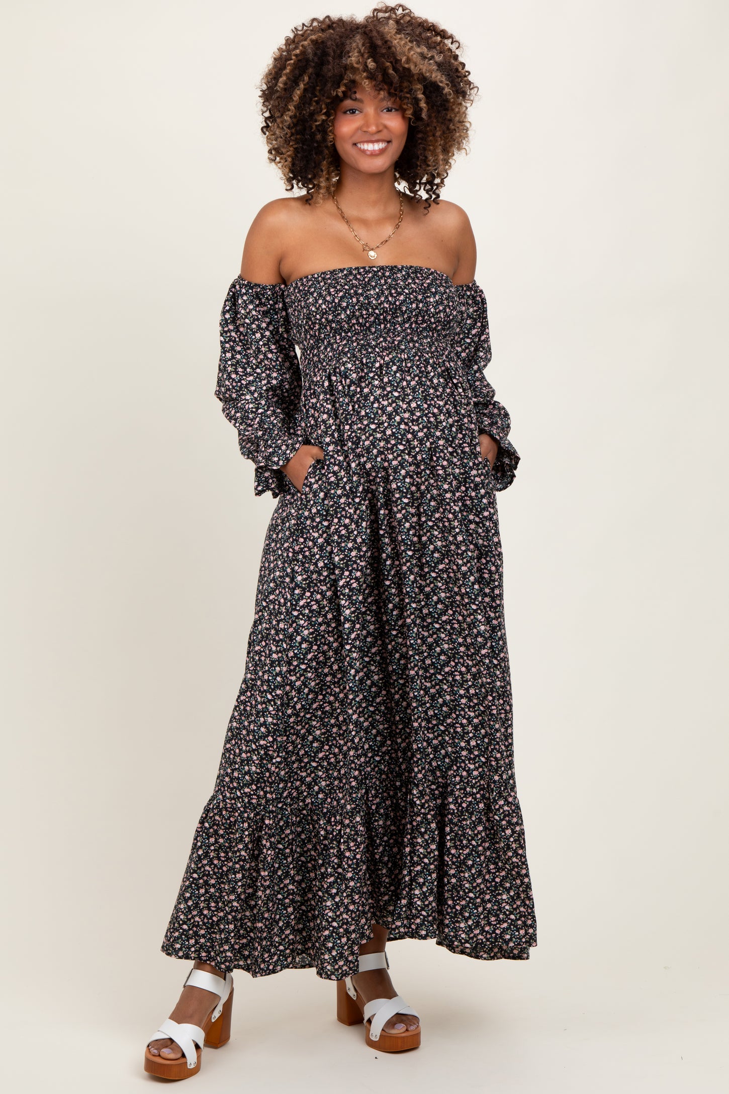 Black Floral Smocked Off Shoulder Maternity Maxi Dress