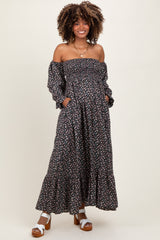 Black Floral Smocked Off Shoulder Maternity Maxi Dress