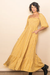 Yellow Floral Smocked Off Shoulder Maxi Dress