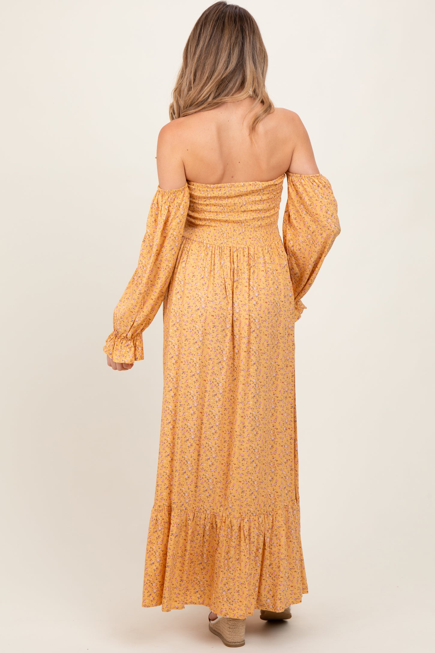 Yellow Floral Smocked Off Shoulder Maternity Maxi Dress