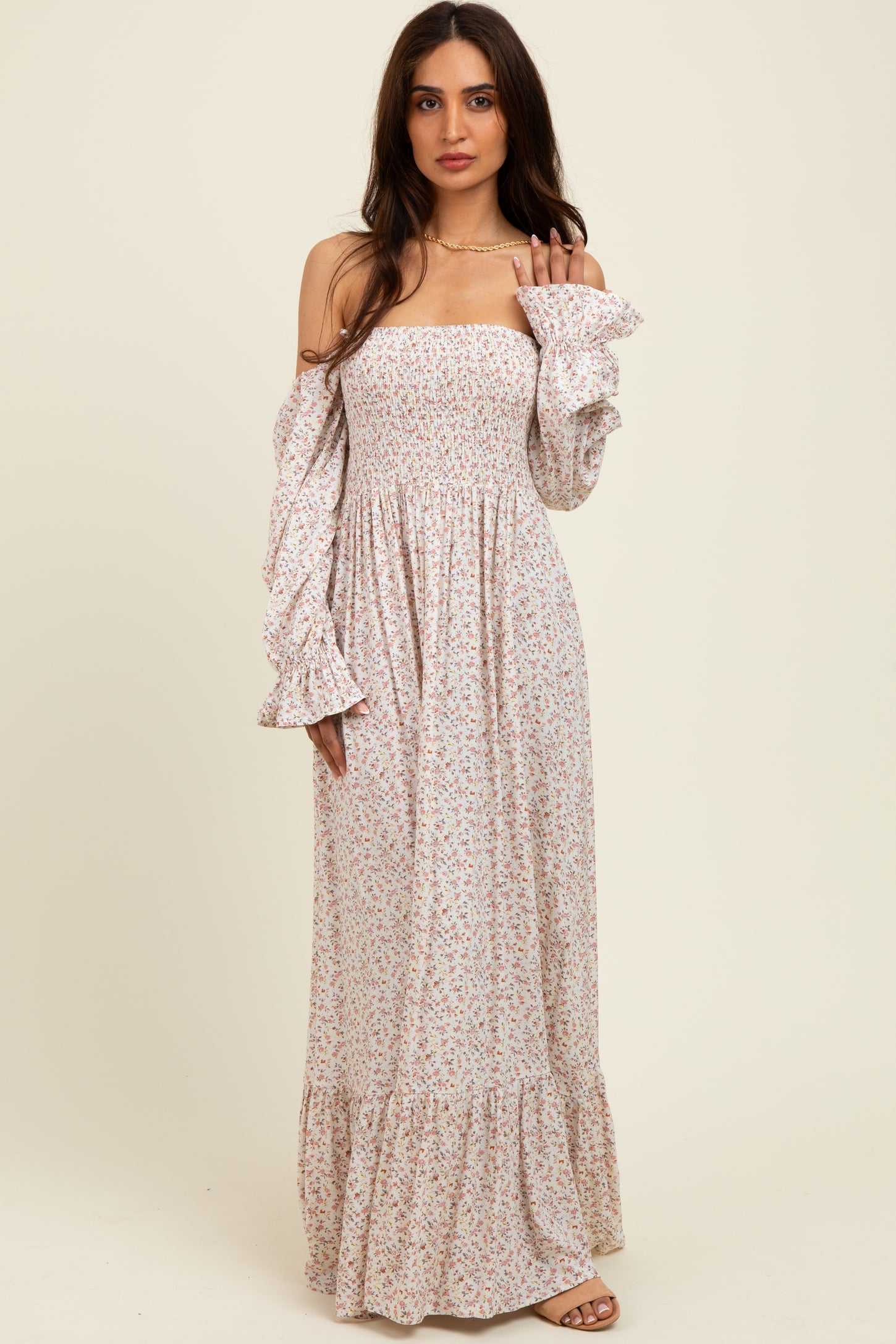 Cream Floral Smocked Off Shoulder Maternity Maxi Dress