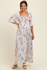 Peach Floral Smocked Front Tie Maternity Maxi Dress