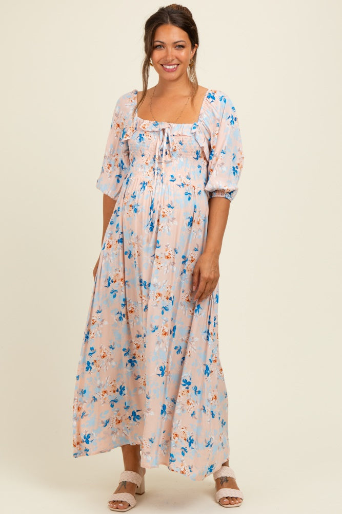 Peach Floral Smocked Front Tie Maternity Maxi Dress