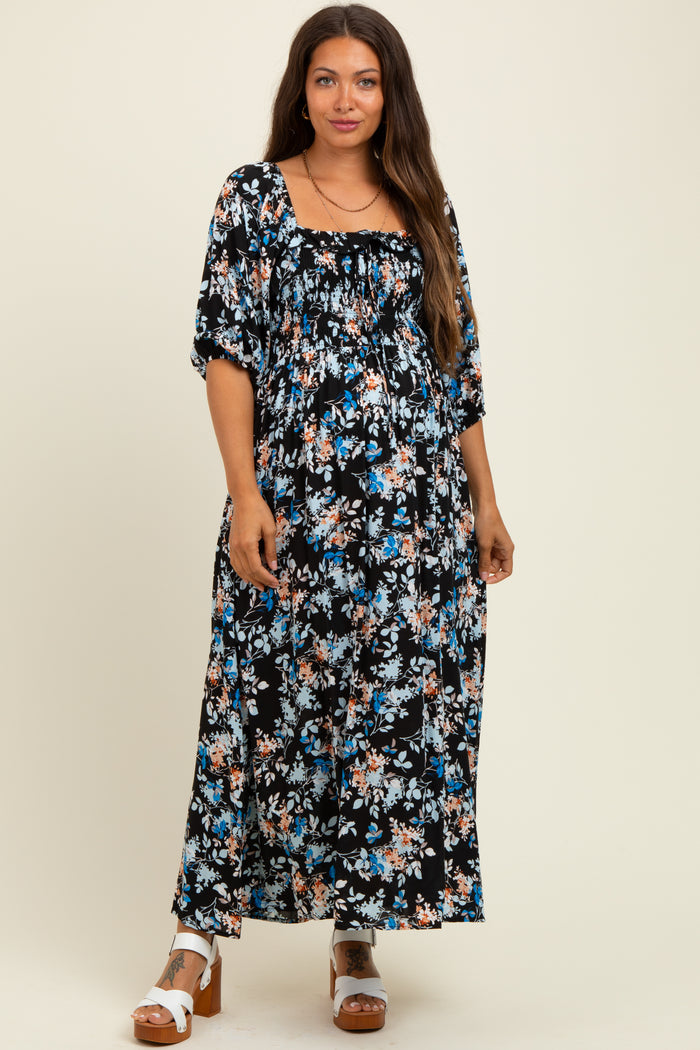 Black Floral Smocked Front Tie Maternity Maxi Dress