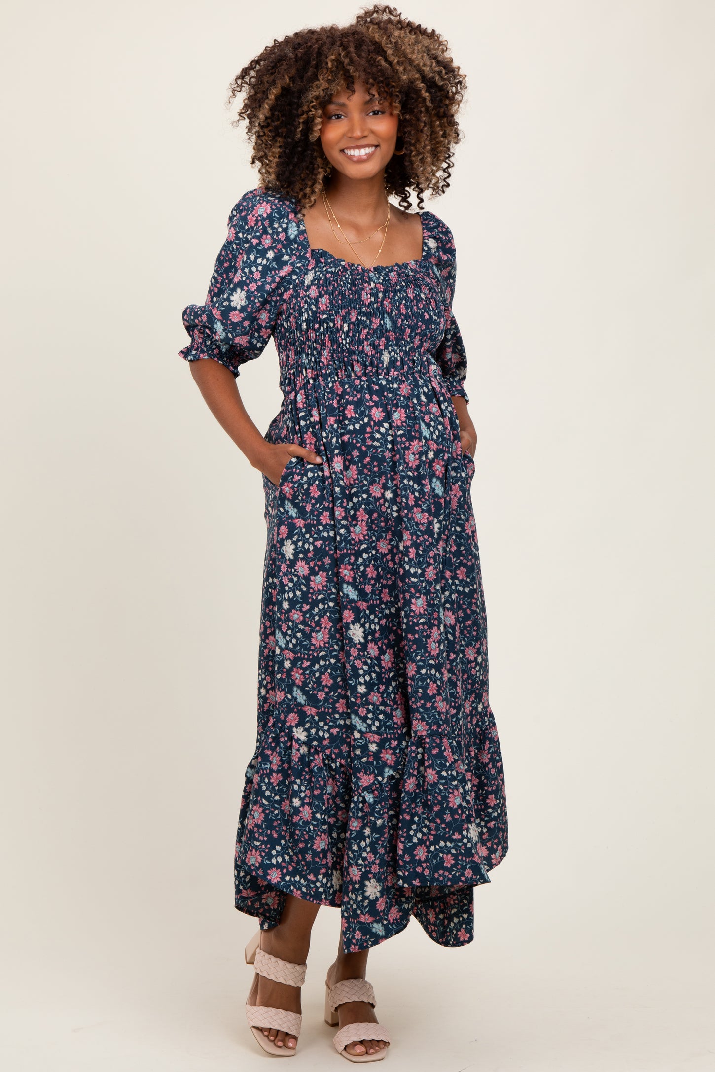 Navy Floral Smocked Handkerchief Hem Maternity Maxi Dress