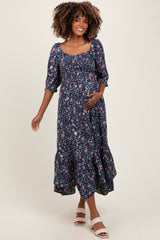 Navy Floral Smocked Handkerchief Hem Maternity Maxi Dress