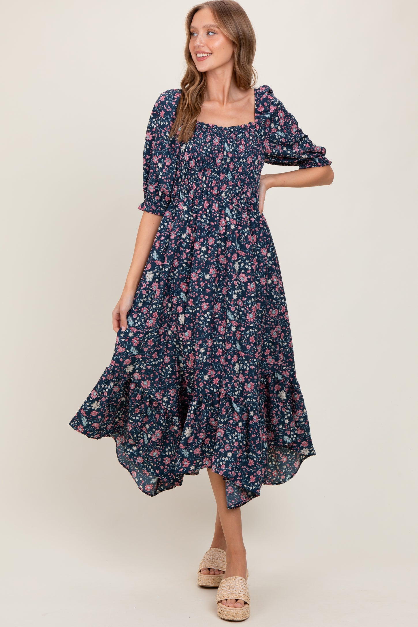 Navy Floral Smocked Handkerchief Hem Maternity Maxi Dress