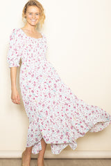 Ivory Floral Smocked Handkerchief Hem Maternity Maxi Dress