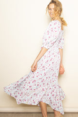 Ivory Floral Smocked Handkerchief Hem Maxi Dress