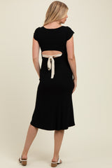 Black/Ivory Short Cap Sleeve Tie Back Sweater Maternity Midi Dress