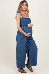 Blue Chambray Shoulder Tie Smocked Maternity Jumpsuit
