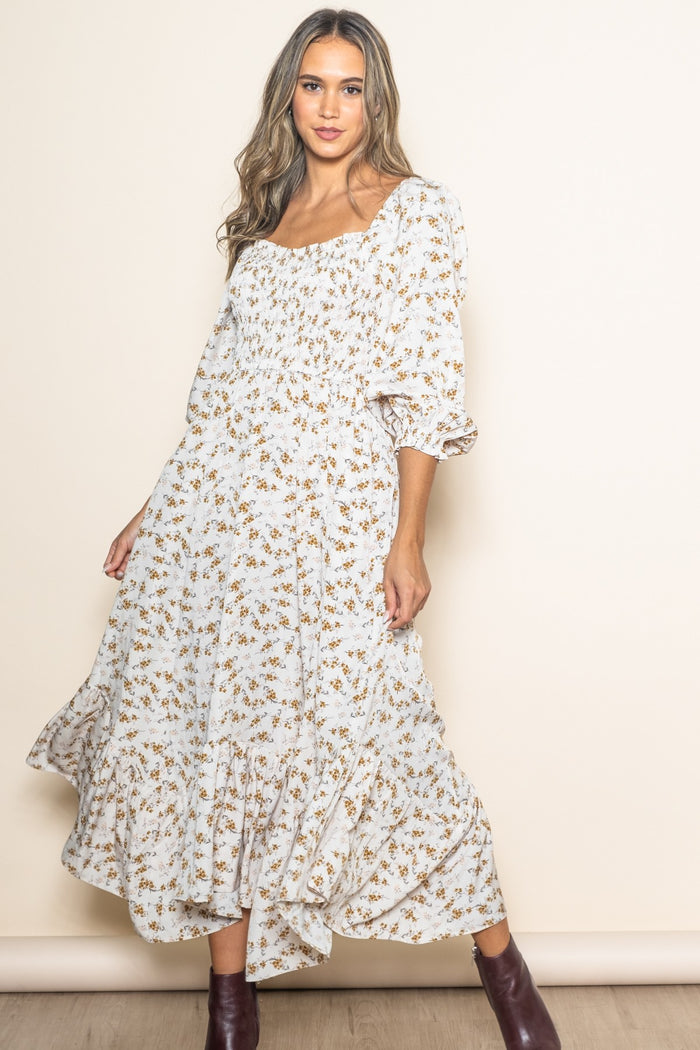 Ivory Floral Smocked Handkerchief Hem Maternity Maxi Dress
