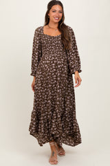 Brown Floral Smocked Handkerchief Hem Maternity Maxi Dress