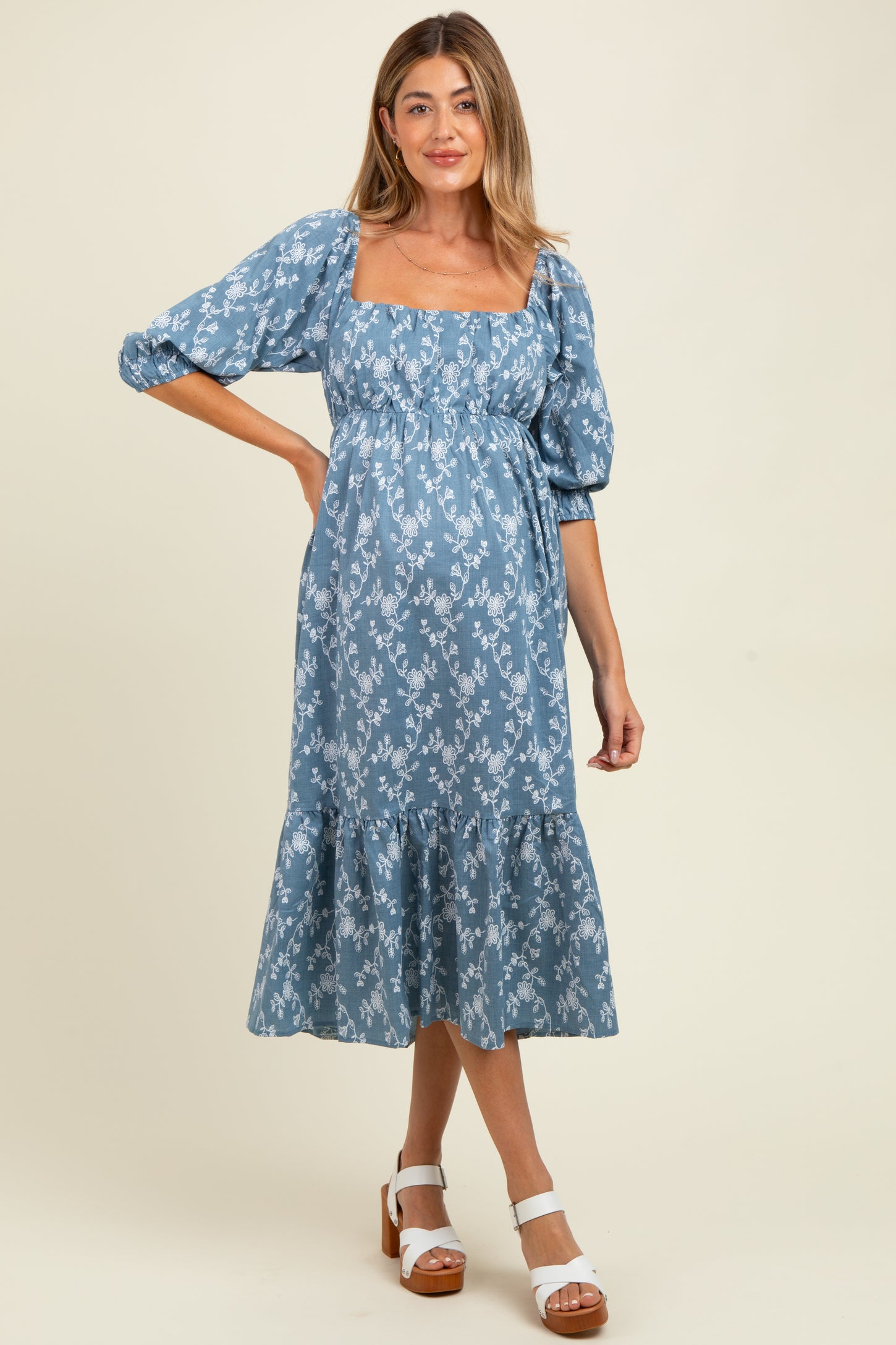 Blue Floral Back Cutout Ribbon Tie Maternity Maxi Dress