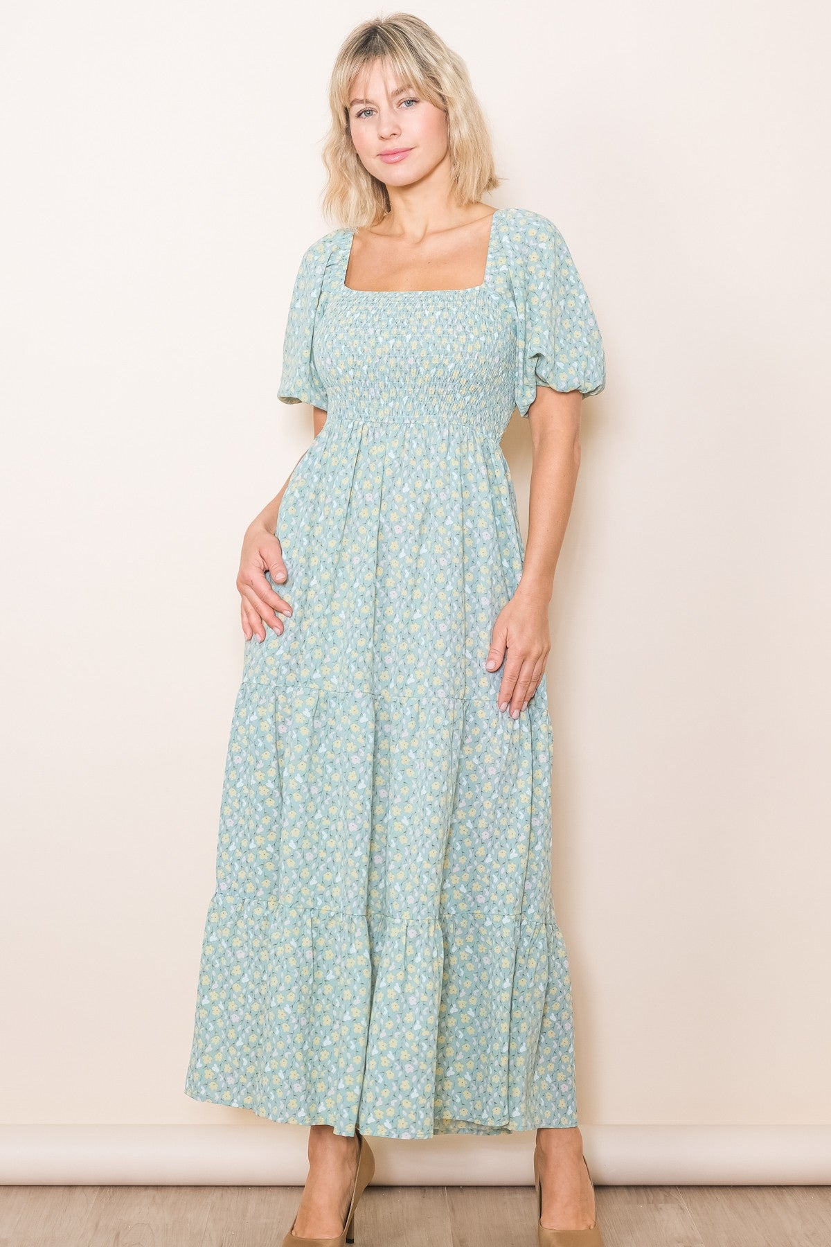Mint Floral Smocked Tiered Maternity Maxi Dress