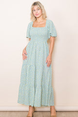 Mint Floral Smocked Tiered Maxi Dress