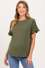 Olive Ruffle Trim Short Sleeve Maternity T-Shirt