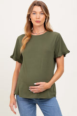 Olive Ruffle Trim Short Sleeve Maternity T-Shirt