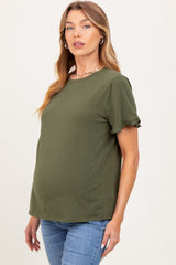 Olive Ruffle Trim Short Sleeve Maternity T-Shirt