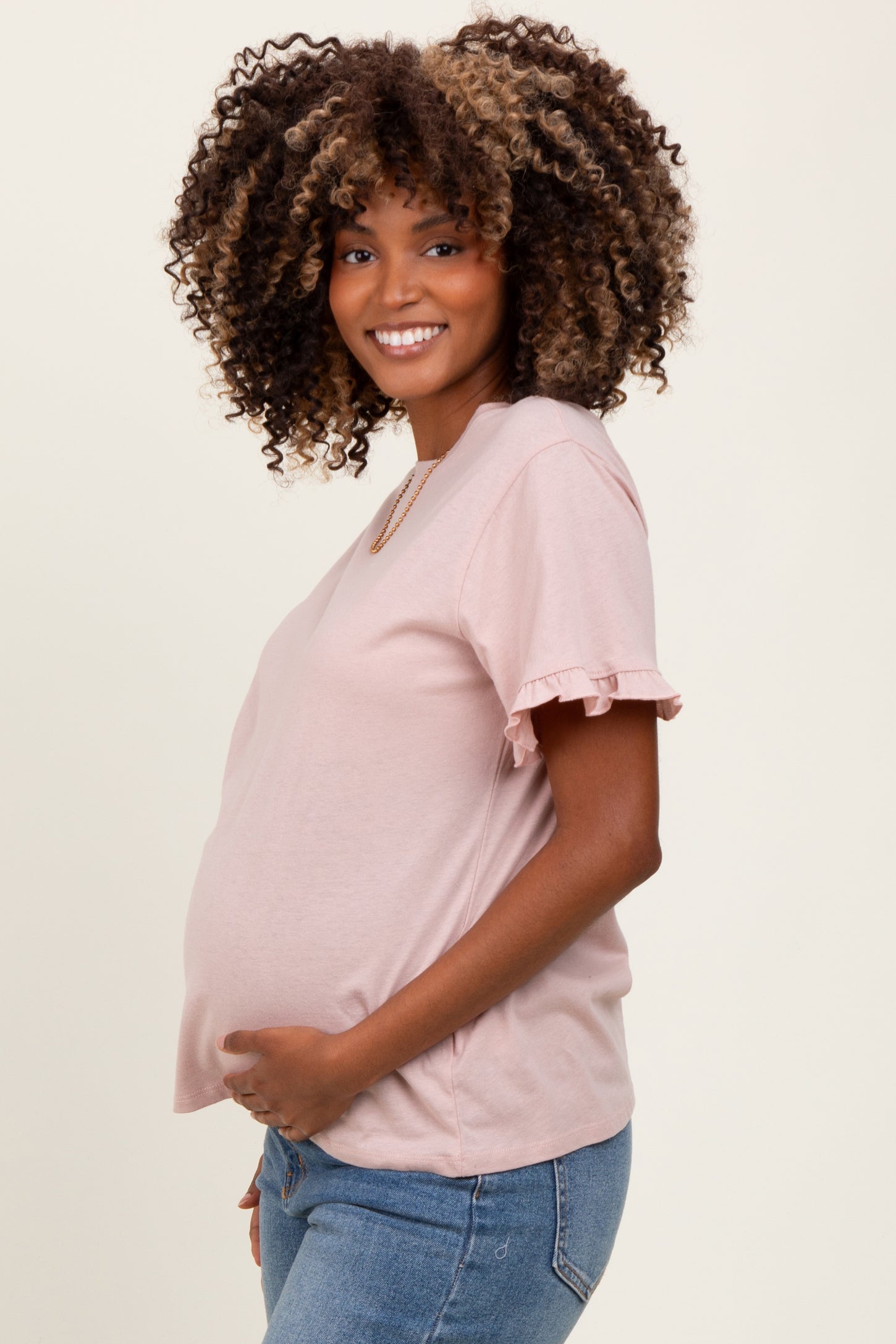 Pink Ruffle Trim Short Sleeve Maternity T-Shirt