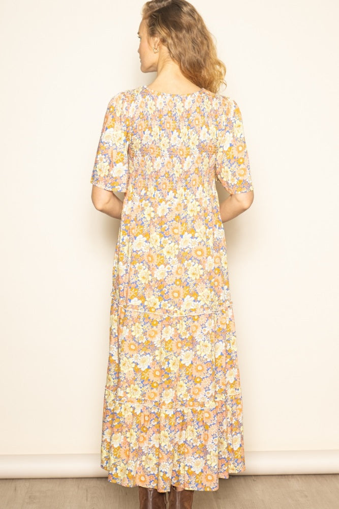 Peach Floral Smocked Ruffle Tier Maxi Dress