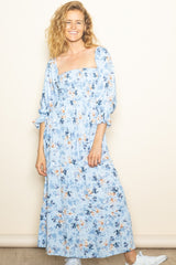 Light Blue Floral Off Shoulder Long Sleeve Maxi Dress