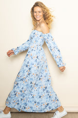 Light Blue Floral Off Shoulder Long Sleeve Maxi Dress