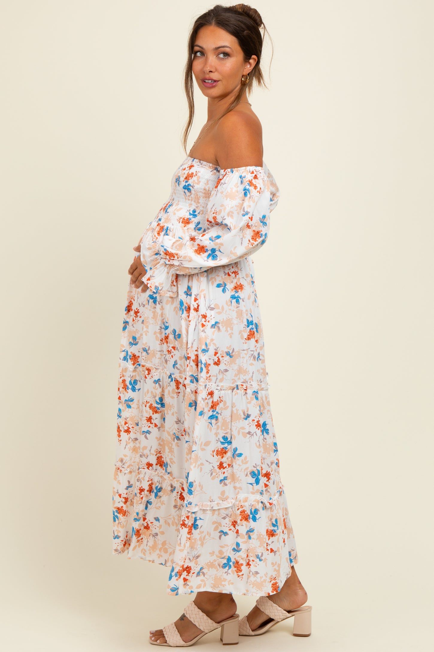 Ivory Floral Off Shoulder Long Sleeve Maternity Maxi Dress