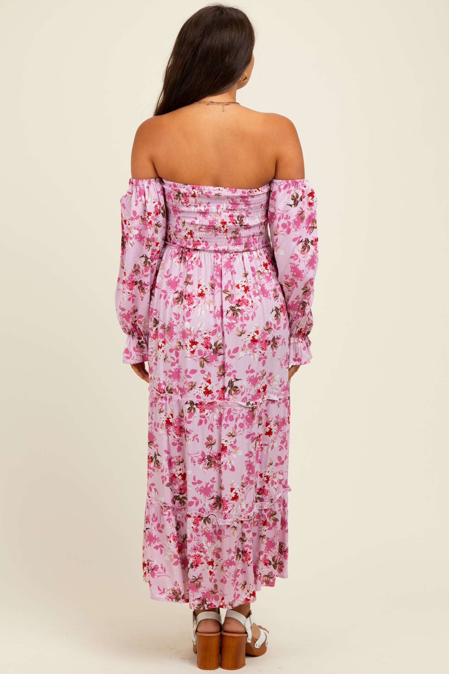 Light Pink Floral Off Shoulder Long Sleeve Maternity Maxi Dress