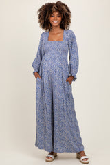 Blue Floral Long Sleeve Wide Leg Maternity Jumpsuit