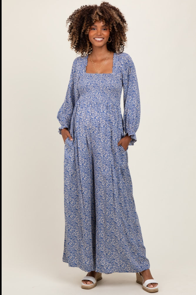 Blue Floral Long Sleeve Wide Leg Maternity Jumpsuit