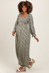 Olive Floral Long Sleeve Wide Leg Maternity Jumpsuit