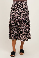 Black Floral Tiered Maternity Midi Skirt