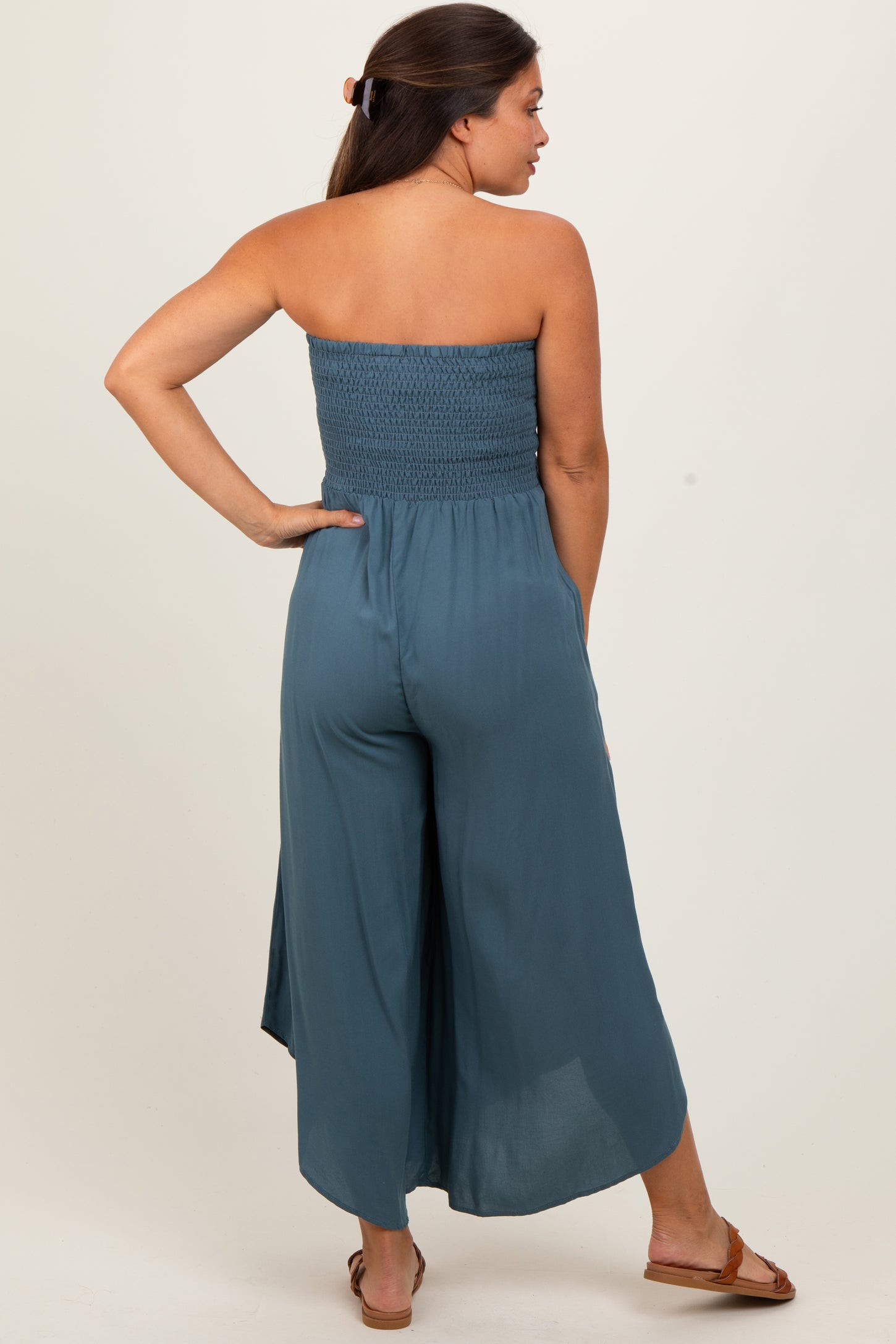 Dark Teal Strapless Smocked Tulip Leg Maternity Jumpsuit