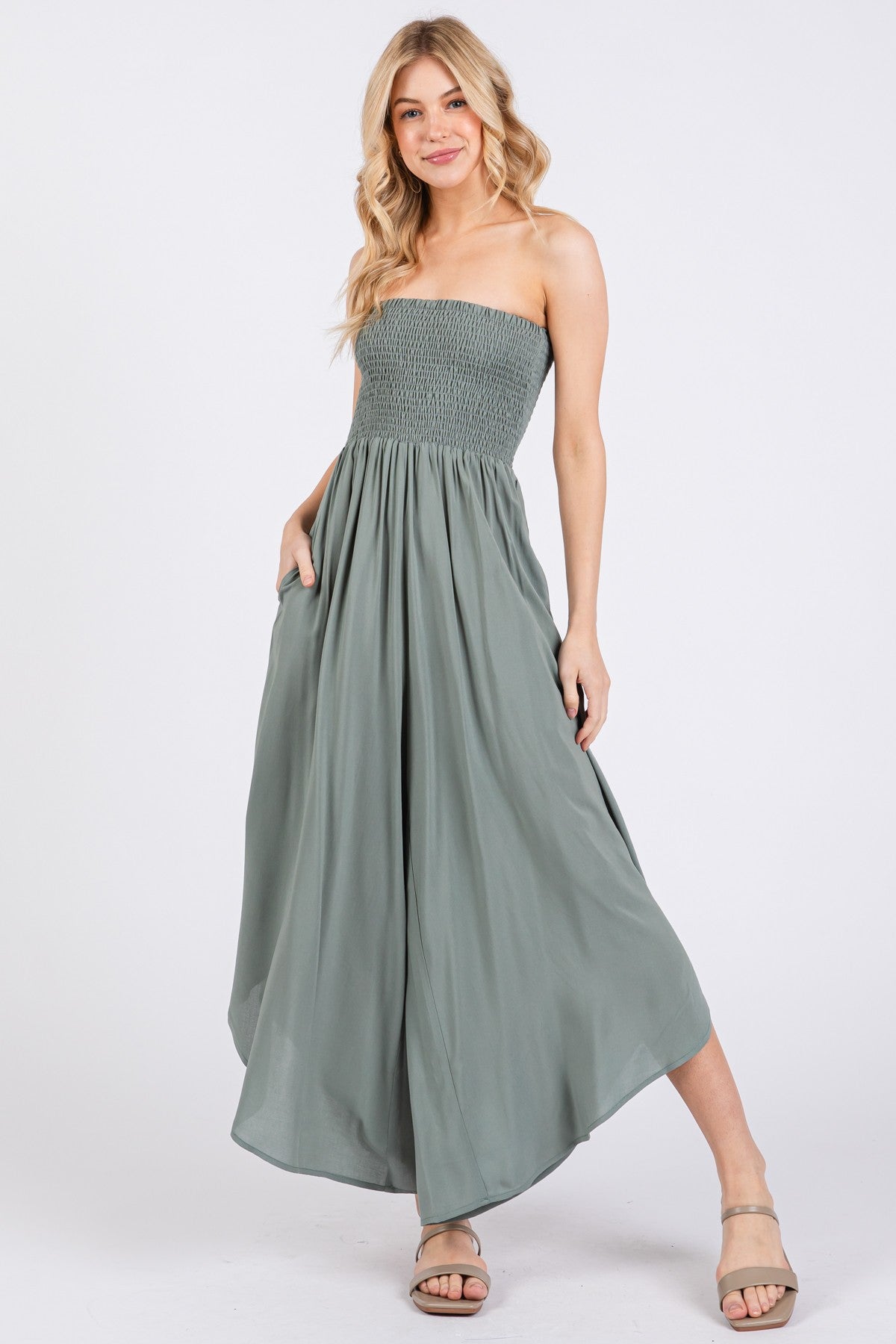 Light Olive Strapless Smocked Tulip Leg Jumpsuit