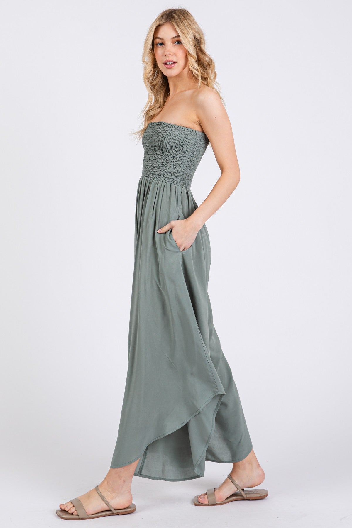 Light Olive Strapless Smocked Tulip Leg Jumpsuit