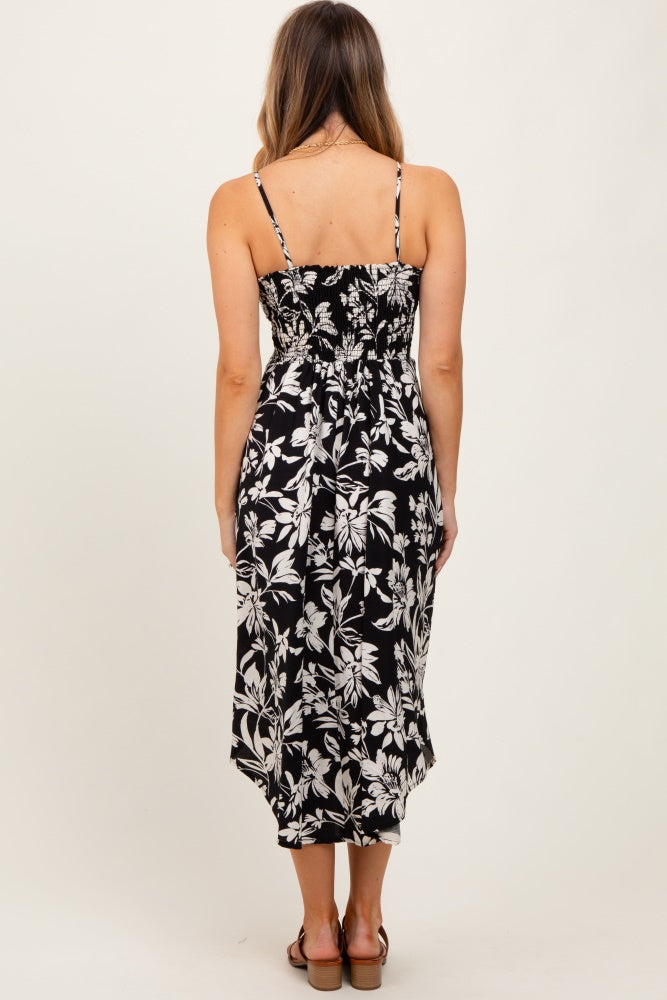Black Tropical Floral Front Cinch Tie Midi Dress