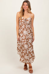 Camel Tropical Floral Front Cinch Tie Midi Dress