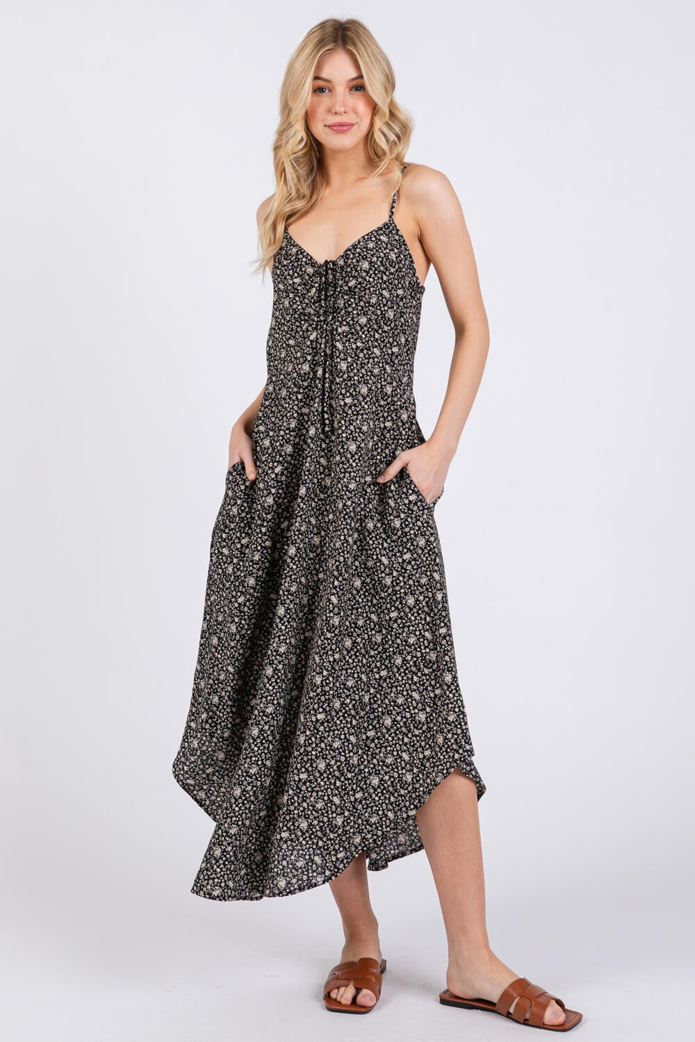 Black Floral Cinched Front Tie Maternity Midi Dress